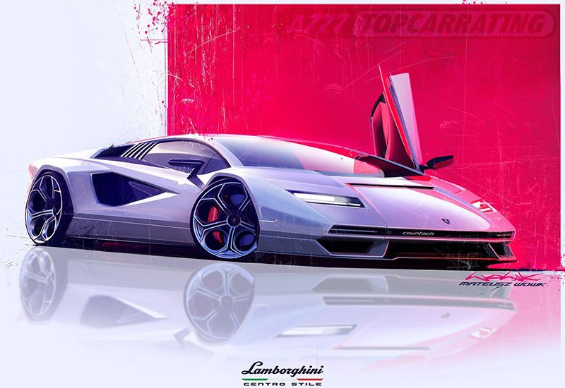 Мастерски нарисованный скетч для супер-автомобиля  Lamborghini, изображен в три-четверти фронтального положения суперкара (цифровая работа в Фотошопе)